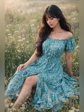 Wishing on Dandelions Blooming Boho romance off shoulder Maxi Dress
